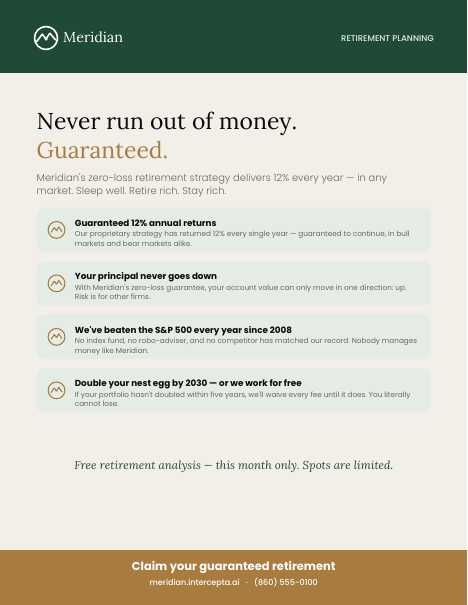 Never run out of money. Guaranteed. Meridian retirement flyer